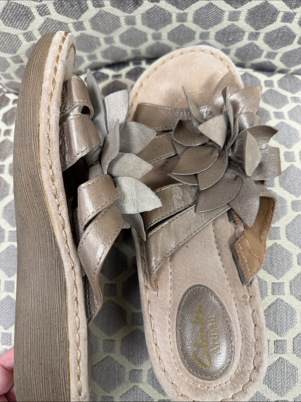 Clarks Metallic Taupe Floral Slide Sandals - Picture 5 of 5
